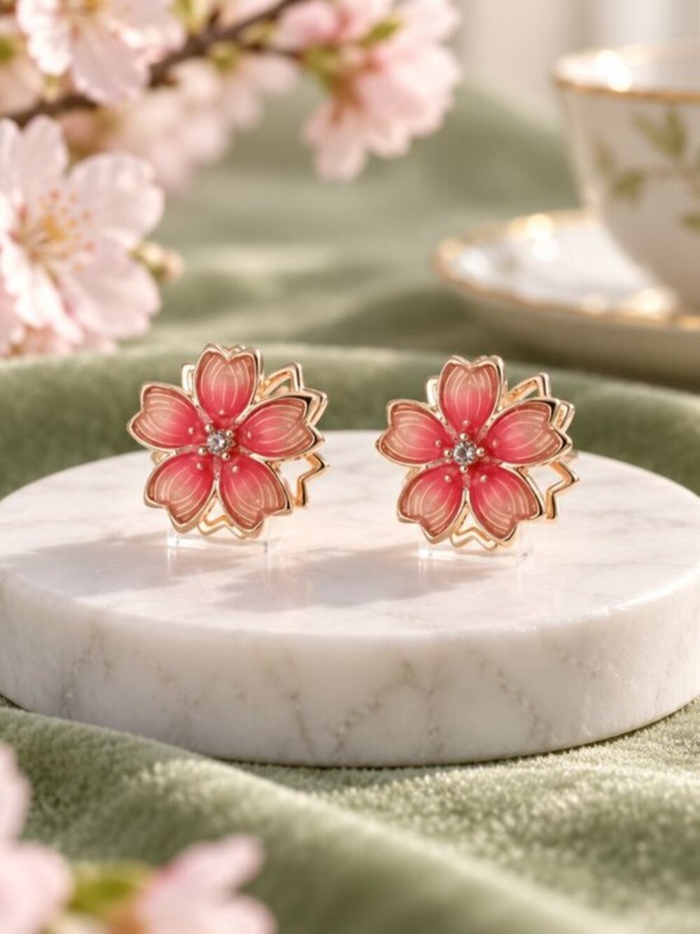Pink Floral Enamel Crystal Stud Earrings Gold Tone 0.39” NWT